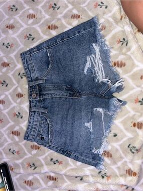 Distressed High-Rise Denim Shorts - Blue